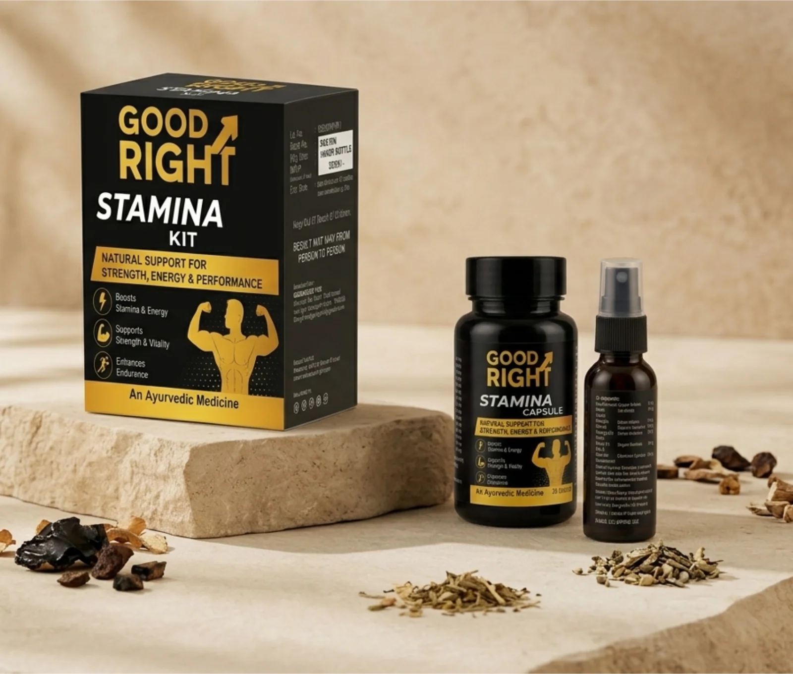 Good Right Stamina Kit Capsule and Oil Display